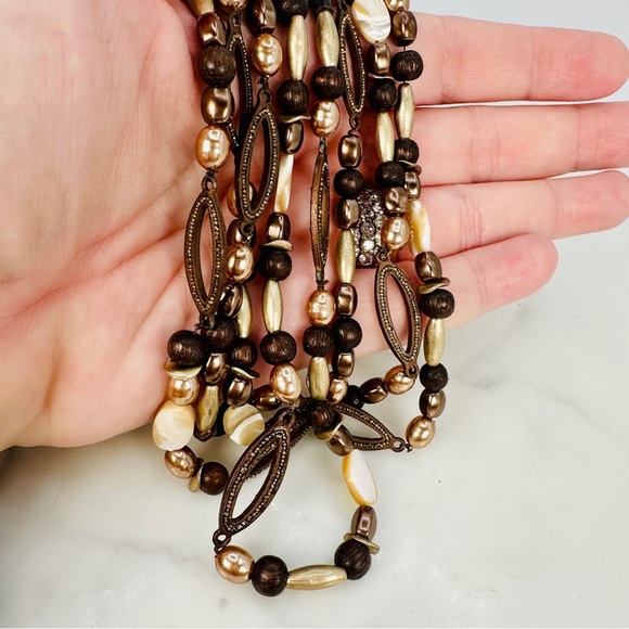 Coldwater Creek Layered Beaded Necklace Brown and Mother of Pearl Adjustable - Picture 4 of 11